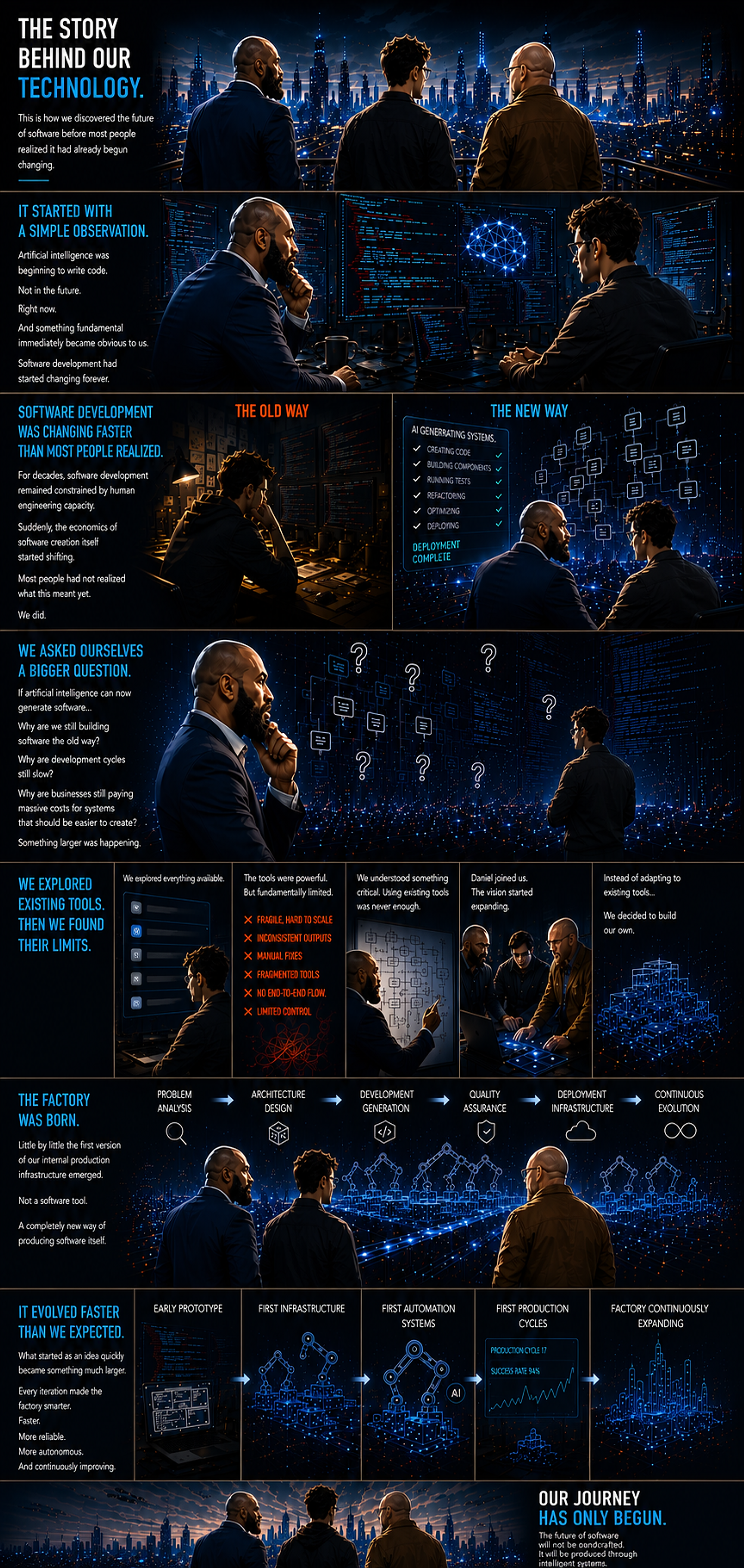 A continuous illustrated storyboard telling the origin story of Amazing AI Tools and its software production infrastructure.